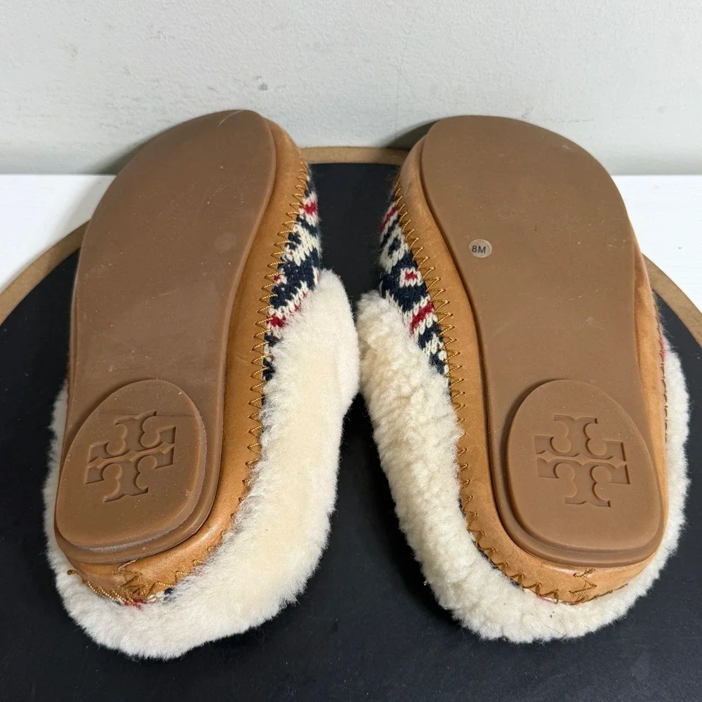 Tory Burch Shearling Slippers Women US 8 Fair Isle Knit Cozy House Shoes Indoors